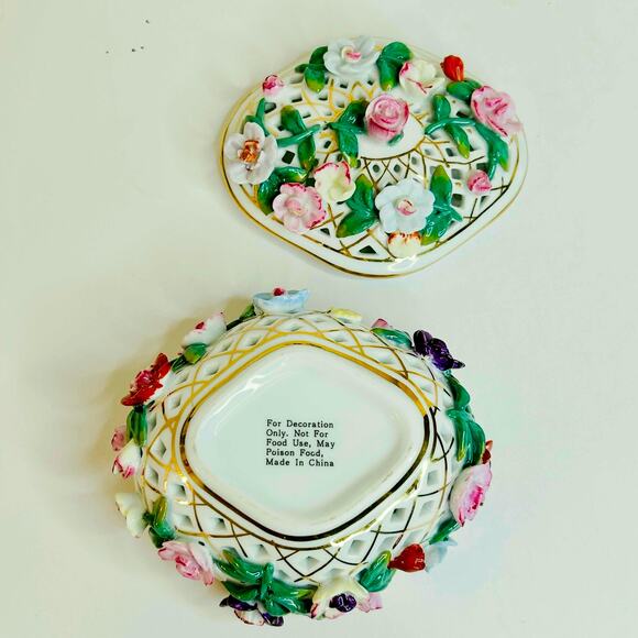 Porcelain Trinket Box Pierced Diamond Lattice Design Colorful Floral Good - Picture 5 of 10